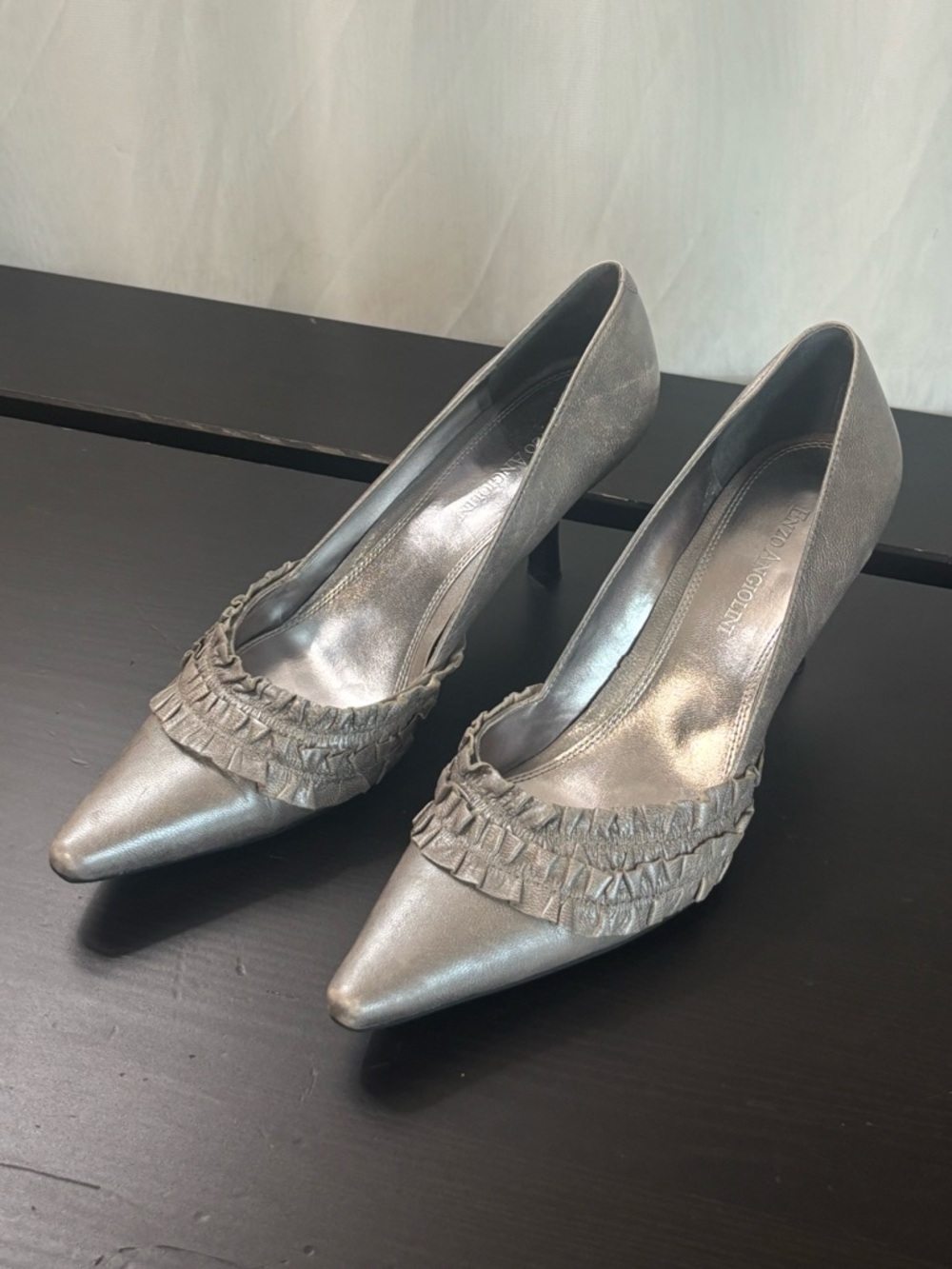 Enzo Angiolini Metallic Pewter Pointed Toe Ruffle Heels Pumps homecoming